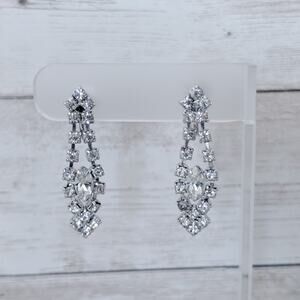 Vintage Screw On Earrings Elegant Clear Gem Long Dangle - One Dark Gem